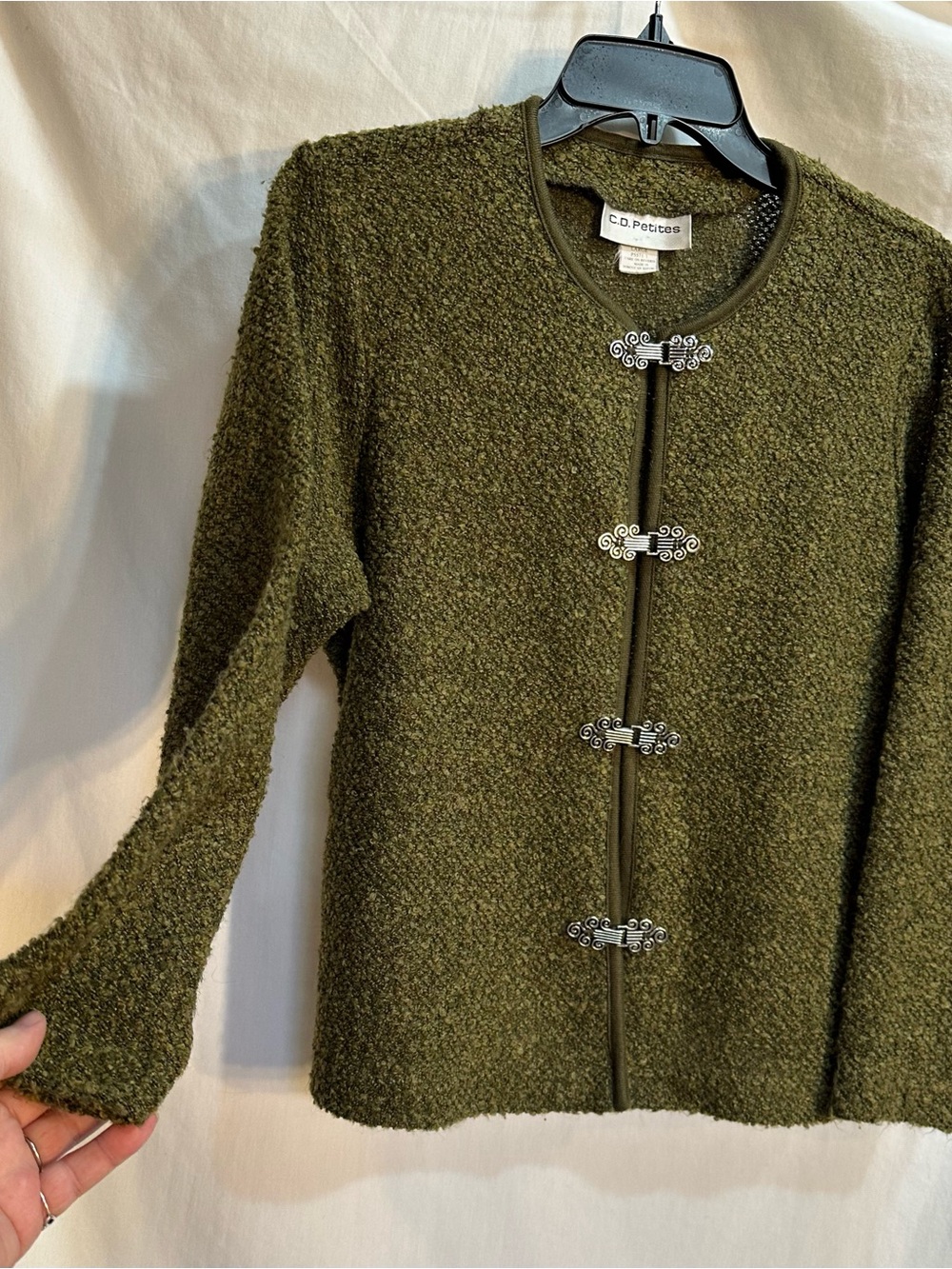 C.D. Petites Olive Bouclé Cardigan with Decorative Hook Closures - Picture 2 of 9